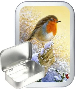 Gold Red Robin Silver Hinged Tobacco Tin, Sewing Tin, Gift Tin, 1oz & 2oz - Picture 1 of 5