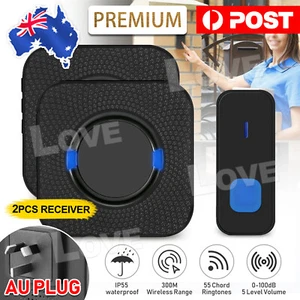 Wireless Door Bell Chime Waterproof Doorbell 2 Plugin Receivers 300M Long Range - Picture 1 of 11