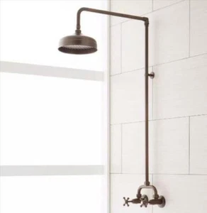 Ducha expuesta Signature Hardware Baudette, cabezal de lluvia, bronce frotado con aceite - Imagen 1 de 2