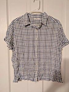 Jane + Delancey Top 1X Blue and White Gingham Button-up Blouse Crinkle NWOT - Picture 1 of 6