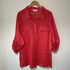 CALVIN KLEIN LINEN BUTTON Down BLOUSE Roll tab sleeves Lagenlook Peach 3X - Picture 1 of 15