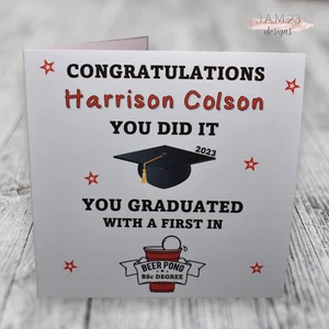 Personalised Graduation Card University Male Female Funny Joke Beer Pong Degree - Picture 1 of 8