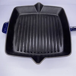 Staub Enamel Cast Iron 12" Blue Square Grill Pan - Cracked - Picture 1 of 10