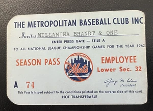 SUPER RARE 1962 METS SEASON PASS-METS POLO GROUNDS DEBUT-MUSIAL/KOUFAX/GIL - Bild 1 von 2