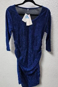 Women's Maternity 3/4 Sleeve Scoop Neck Ruched Bodycon Midi Dress, Blue, M - Picture 1 of 7