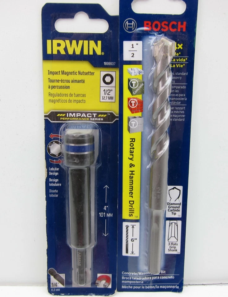 Irwin 1/2" x 4" SAE Hex Nut Driver 1899937 & Bosch LBH010 Concrete Masonry Bit - Image 1 of 1