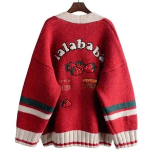 Strawberry Gum Cheerleader Student Uniform Women's Cardigan Korean Style V-neck - Picture 1 of 29