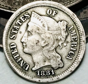 1881 Three Cent Nickel Piece 3C Ungraded Damaged US Type Coin CC23775 - Picture 1 of 4