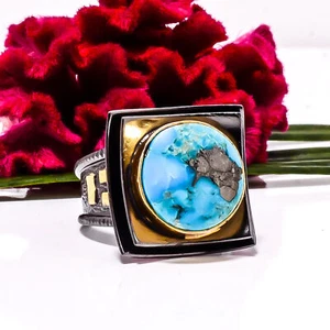 Kingman Turquoise With Pyrite Gold Plated 925 Sterling Silver Ring s.7.5 Sku32 - Picture 1 of 2