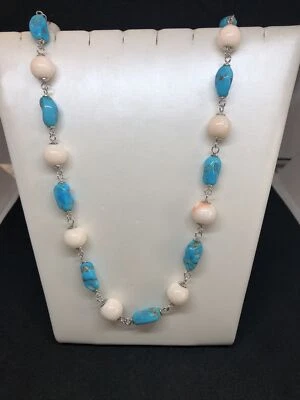 Collana Turchese Naturale E Corallo Rosa In Argento 925 - Immagine 1 di 3