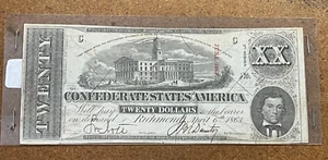 T-58 6. April 1863 Konföderierte Staaten Währung 20 $ Schein CSA WASSERZEICHEN Schnittstempel - Bild 1 von 13