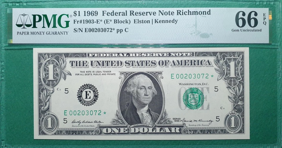 1969 US $1 FEDERAL RESERVE NOTE Fr# 1903- (E00203072* BLOCK) PMG 66 EPQ GEM UNC - Image 1 of 2