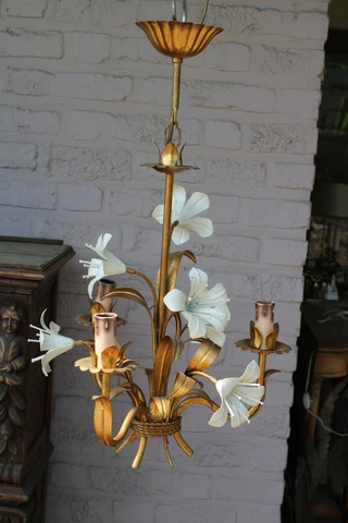 Hollywood regency metal golt gilt white flower chandelier attr hans kogl Cover