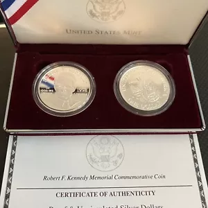 1998 Robert Kennedy Commemorative Silver Dollar Proof & Uncirculated 2 Coin Set - Picture 1 of 2
