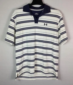 Under Armour Polo Shirt Mens LG White Blue Stripe Golf Pullover Short Sleeves - Picture 1 of 7