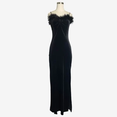 Vintage 90s y2k Davida USA black velvet feather trim bust stretchy slip dress XS - Image 1 of 4