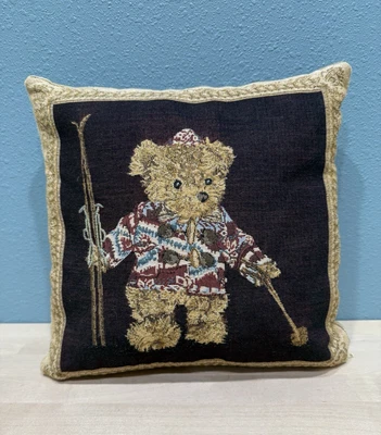 Teddy Bear Tapestry Throw Pillow 12"x12" Down Filled Zip Winter Ski Corduroy Tan - Image 1 of 4