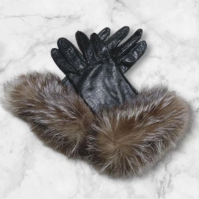 Prada Lambskin Leather Gloves with Fox Fur Black Women's Size - Image 1 of 4