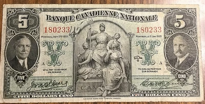 1935 BANQUE CANADIENNE NATIONALE 5 DOLLARS BANK NOTE - Image 1 of 2