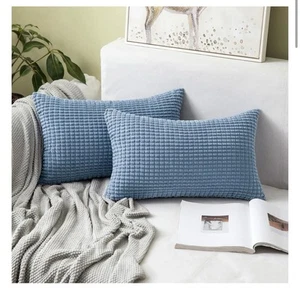 Set Of 2 Lumbar Pillow Case Cover Cushion Case 12"x 20" Super Soft Corduroy Blue - Picture 1 of 3