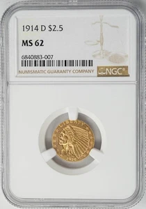 1914-D 2 1/2 $ Gold Indian 2,5 $ MS62 NGC 948907-20 - Bild 1 von 4