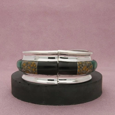 taxco mexico sterling silver vintage onyx lapis hinged bangle bracelet size 7in - Image 1 of 3