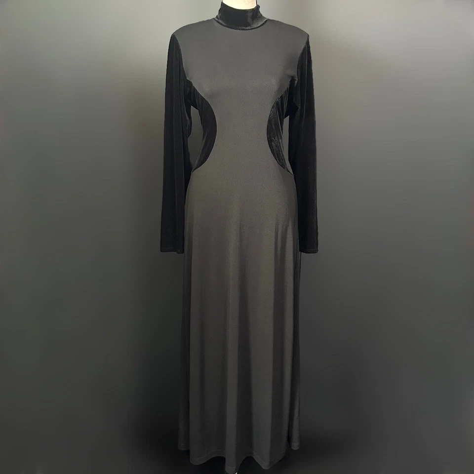 Maxi Vestido Vintage Años 90 Liz Claiborne Terciopelo Negro Cuello Simulado Elegante Bruja Vampiro M Foto 1 de 4