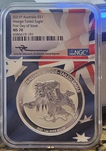 2021P AUSTRALIA S$1 WEDGE-TAILED EAGLE FIRST DAY OF ISSUE MS70 NGC COIN - Picture 1 of 2