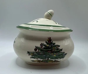 Spode Árbol de Navidad Azúcar Cuenco y Tapa Plato 3" Loza Blanco Verde - Imagen 1 de 6