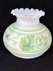 Hand Painted Vintage Glass Lamp Shade Green Floral Flowers Scalloped 7” Font - Picture 1 of 7