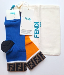 New FENDI Kids FF Logo Trim Socks Size III (10-12) Orange Blue 2-Pack - Picture 1 of 6