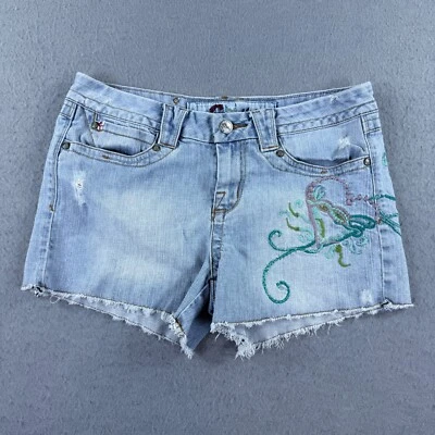 Vintage Candie's Denim Jean Shorts Embroidered Patch Floral Size 9 Raw Hem - Image 1 of 4