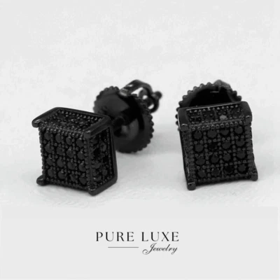 Para Hombre Plata de Ley 925. Circonita Cúbica Negra 6mm Cuadrado*Pendiente*Caja Unisex Foto 1 de 3