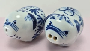 Vintage Porcelain Pig Salt Pepper Shakers Handpainted Blue Flowers 2"×1.5" - Picture 1 of 11