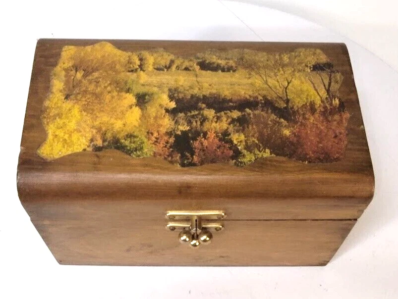 Joyero baratija de madera de colección con pestillo de latón con bisagras decoupage forrado en el interior Foto 1 de 4