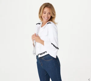 Du Jour Cropped Twill Jacket with Pom Pom Trim-White-Small-NEW-A367362 - Picture 1 of 1