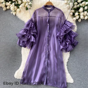 Mujeres Blusa Transparente Vestido Midi Suelto Botones Volantes Flor Manga Abullonada Camisa - Imagen 1 de 20