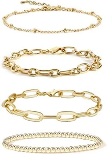 14K Gold Plated Link Bracelet Set for Women & Girls - Stackable, Adjustable, and - Picture 1 of 6