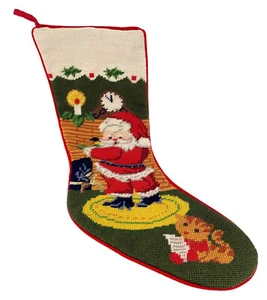 Vtg 90s Imperial Elegance Santa Fireplace Cat Needlepoint Wool Velvet Stocking - Picture 1 of 8