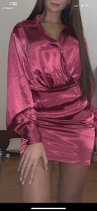 PRETTY LITTLE THING Size 6 Magenta Pink Silk Long Sleeve Mini Dress - Picture 1 of 4