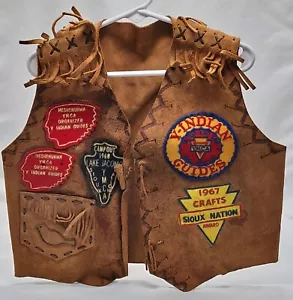 Vintage Sioux Teton Indian Children's Leather Vest With Patches. Black Sparrow - Picture 1 of 11