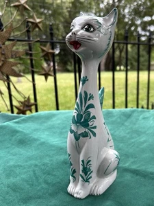 Vintage Langhals Katze Figur handbemalt türkis grün Mod Floral Italien 10" groß - Bild 1 von 9