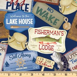 Sail Away Lake House Signs Navy 14437-56 Cotton Fabric By half yard - Picture 1 of 4