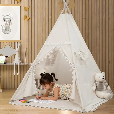 Large Canvas Kids Teepee Star Wood Indian Tent Child In/Outdoor Play House 160CM - Image 1 of 4