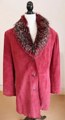 Abrigo de gamuza vintage Y2K Danier con cuello de piel sintética borgoña para mujer talla pequeña Foto 1 de 4