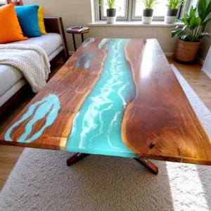 Ocean Wave Blue Epoxy Resin Dining Table Top with Iron Legs Handmade Natural Top - Picture 1 of 7