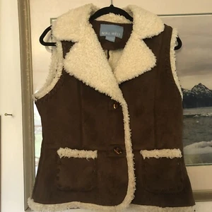 Nine West Brown Faux Suede Sherpa Vest Sz Medium - Picture 1 of 4