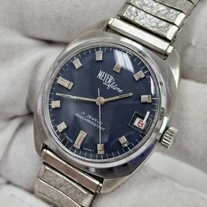 Vintage Meyer Lifetime 17 Jewel Mens Date Blue Dial Wrist Watch Swiss Mechanical - Picture 1 of 8
