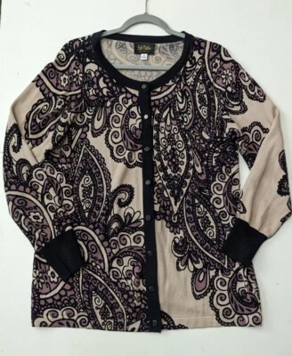Suéter Bob Mackie Usable Arte Mujer Cárdigan Estampado Paisley Negro Púrpura Med Foto 1 de 4