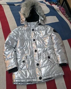 DIESEL Puffer Jacket Girls Size 12 Silver Full Zip Faux Fur Hooded Parka Jacket - Picture 1 of 11